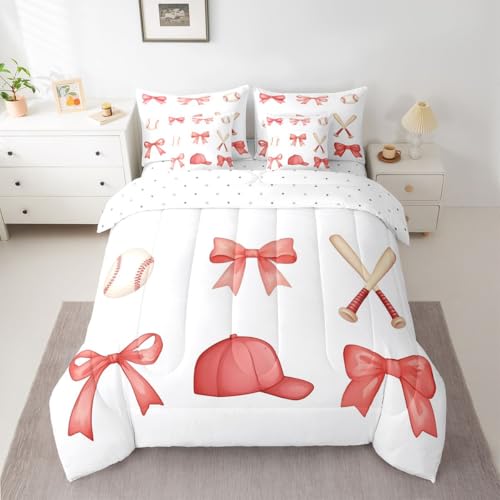 Image of Watercolor Bowknot 7 Pcs Comforter Set with Sheets Twin Size Sports Baseball Cap Baseball Bedding Sets for Kids Girls Women Cartoon Bow Ribbon Girly Bedroom Dorm Decor Lightweight Bed Set All Season