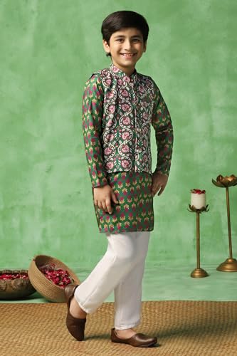 Image of Fashion Dream Boy's Cotton Blend Printed Kurta Pyjama And Jacket Set|Kurta And Payjama Set