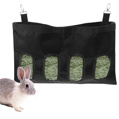Kleintiere Heutasche, 4 Fenster Heu-Futterbeutel, Waschbar Hängende, Meerschweinchen Futterstation, Oxford-Stoff Kleintier-Futterspender, Kaninchen Heu Futtersäcke, für Chinchilla Hamster(Schwarz)