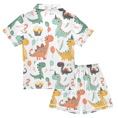 ALAZA Cute Dinosaur Balloon Leaf Satin Pajamas Set Short Sleeve Button Down Sleepwear Summer Pjs 2 Piece2