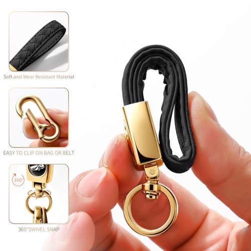 Image of Gkeygo Carabiner Keychain, Universal Heavy Duty Woven Handmade Leather Key Chain, Car Fob Key Keychains with 360 Degree Rotatable Snap Swivel and Anti-Lost D-Ring for Men and Women,Light Gold - Black