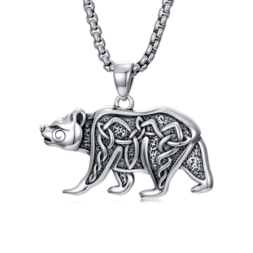 Viking Bear Necklace 925 Sterling Silver Celtic Knot Bear Pendant Norse Jewelry for Men, w/Stainless Steel Chain 22