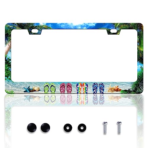 Sea Beach Slippers License Plate Frame Hawaiian Palm Tree License Plate Frames Personalise Stainless Steel Funny Design Compatible with Standard License Plate Holder for USA and Canada 6 X 12 Inch