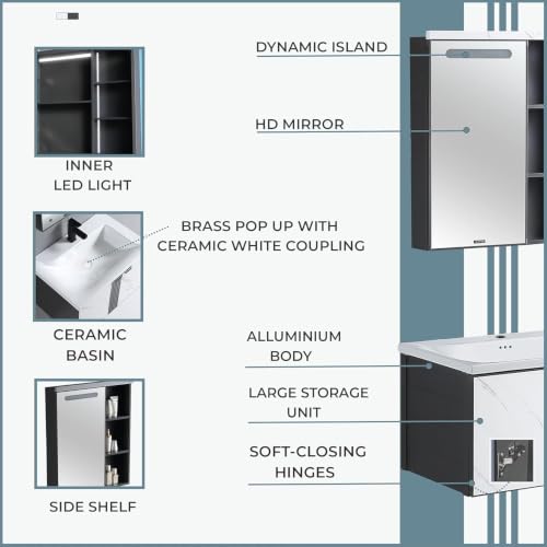 Image of Plantex Bathroom Vanity Cabinet Set /LED Light Glass Mirror Cabinet /Ceramic Basin for Bathroom - Pack of 1 (White & Black)
