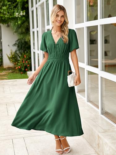 Image of Simplee Women's Summer Flowy Midi Dress Casual V Neck Short Sleeve Empire Waist Boho Beach Dress Wedding Guest Maxi Dress