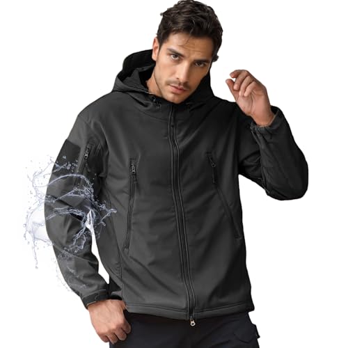 Men's Tactical Fleece Lined Jacket Softshell 7 Pockets Waterproof Outdoor Work Rain Coats With Hood