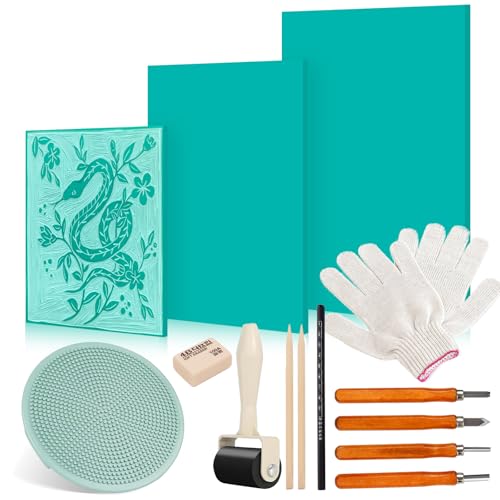 14 Stück Linoleum Platten Linoldruck Set Stempelgummi Linolschnitt Blockdruck Starter Kit A4 A5 A6 Gummistempel Schnitzblöcke mit Bildhauerwerkzeugen für Siegelschnitzerei DIY