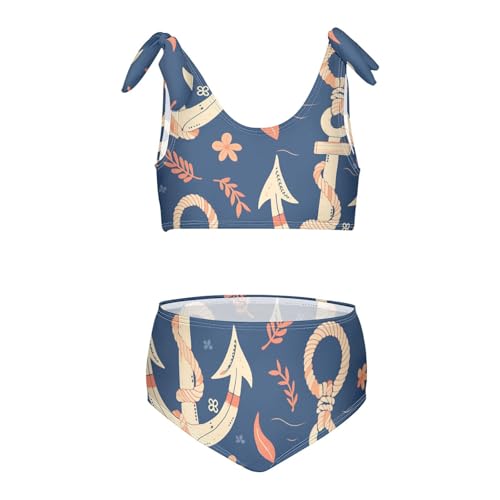 Navy Blue Striped Rope and Ocean Girls 2 Piece Kids Bikini Set Quick-Dry Bathing Suit Swimming Suits Adjustable Strap