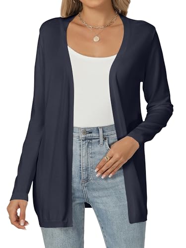 Famrrifuu Cardigan Donna Maglia Maniche Lunghe Elegante Lungo Leggero Aperto Giacca Tinta Unita Estivo Primavera, Blu, L
