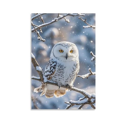 Toile murale hibou blanc d'hiver sans cadre de 60 x 90 cm pour salon