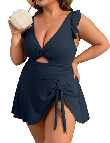 Charmo Women's Tie Knot Plus Size Swimsuit Tummy Control One Piece Bathing Suit Slimming Ruffle Swimdress 2026 Navyblue 2X
