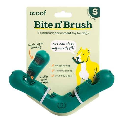 WOOF The Bite n Brush - Dog Toothbrush Toy - Scrub Plaque and Tartar from Your Dogs Teeth and Mouth - Dog Dental Toy for Gentle Chewers - Small