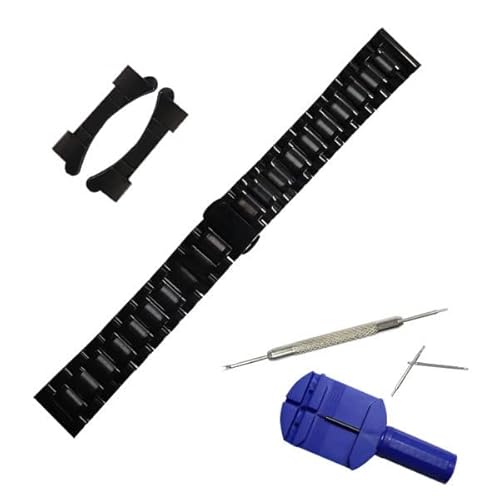 時計ベルト ステンレス製 Dバックルタイプ 直カン・弓カン付 幅広 バネ棒・交換工具・サイズ調整工具付き メンズ レディース (22mm, U-ブラック)