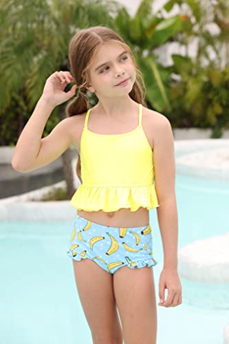 Mafulus Girls 2 Pcs Swimsuit Ruffle Cute Print Adjustable Spaghetti Strap Quick Drying Kids Bathing Suit 5-14Years Yellow #TOP2