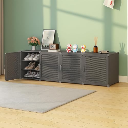 Image of Plastic Shoe Rack for Home with Door | 12-Shelf DIY Shoe Cabinet Organiser | Stores 24 Pairs | Foldable & Waterproof Shoe Stand for Entryway, Bedroom (Grey-HS, 12-Layer)