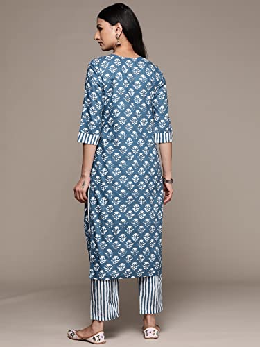 Image of anubhutee Women's Cotton Blue Floral Printed Straight Kurta Suit Set With Pants