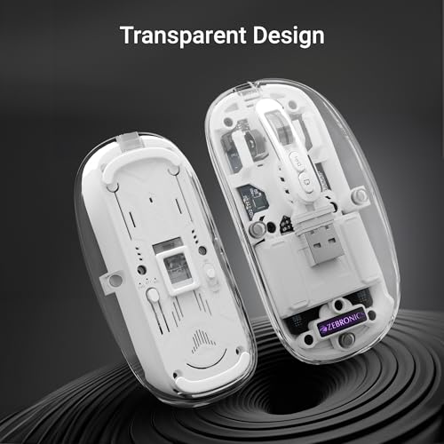 Image of ZEBRONICS Sheer Rechargeable Wireless Mouse, Dual Mode (2.4GHz + BT), Dual Bluetooth, Silent Operation, Transparent Body, RGB, Battery Indicator, for Mac | Laptop | Computer (White)