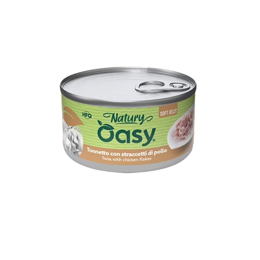 Oasy - Alimentos húmedos para gatos naturales con sabor a atún con trozos de pollo, suaves pelusas naturales de Soft Jelly para gatos adultos de todas las tallas y razas | 24 latas de 85 gramos cada