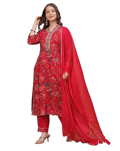 Image of MANHAREE | Women's Rayon Printed Straight Kurta with Pant & Dupatta Set