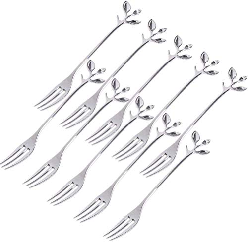 COMIART 10 Pcs Stainless Steel forks,Vintage Royal Leaf Handle Dessert Appetizer Bistro Cake Fruit forks, Party favors SILVER