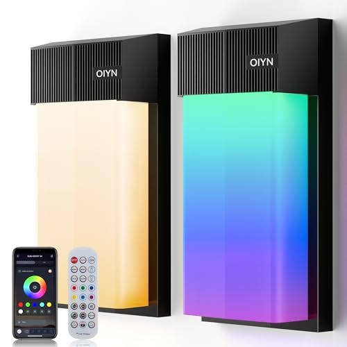 Image of OIYN Outdoor Wall Light, Smart RGBICWW Porch Lights Outdoor, 1500LM Modern Wall Sconce with 30+ Scene Modes, Remote & APP Control, IP65 Waterproof Color-Changing DIY for Outdoor Decor, 2 Pack