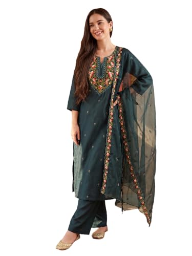 Image of INDO ERA Women's Silk Blend Floral Embroidered Thread Work Kurta & Pant with Dupatta Set