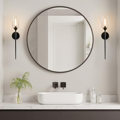 Image of 2 Pack Blcak Glass Wall Sconce Light,Vanity Light with Flower Shade | Decorative Wall Sconces Lights over Mirror,Indoor Brass Bathroom Vintage Vanity Lighting for Bedroom Living Room