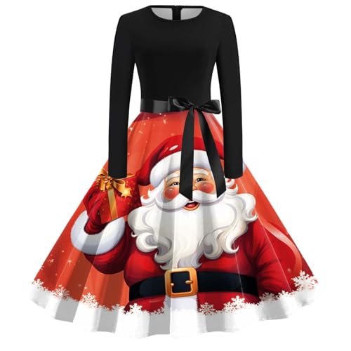 Weihnachtskleid Damen, Weihnachts Swing Kleid, Weihnachts Hepburn Kleid, A-Linie Hohe Taille Christmas Dress Women Langarm Mit Weihnachtsmann Muster...