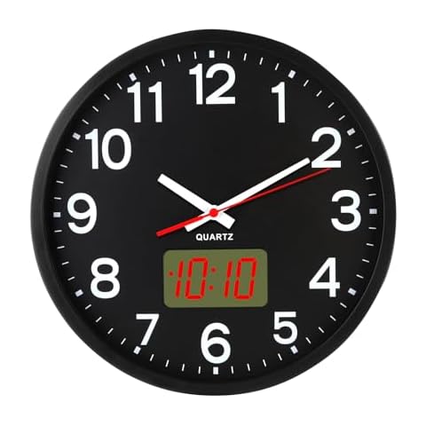 Timegyro Wall Clocks Battery Operated,12'' Silent Wall Clock,Analog and Digital,LED/LCD Digits Display Cover