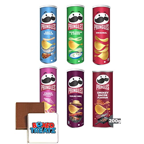 Party Snack Pringles Crisps Party Pack Of 6 200g Variety Pringles Original, Sour Cream, Prawn Cocktail, Texas BBQ, Smoky Bacon And Salt And Vinegar Crisp Bundle 1.2kgs Pringles Boxed Treatz