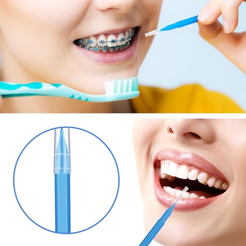 Image of Patelai 100 Pieces Braces Dental Brush for Cleaner Interdental Toothpick Dental Tooth Flossing Head Oral Hygiene Flosser Toothpick Cleaners Tooth Tool(Blue, Yellow,Multiple Sizes)