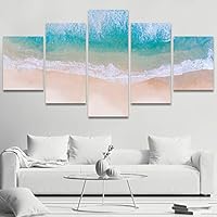 5 Panel Canvas Wall Art Wave of The Sea on The Sand Beach Pictures Modern Artwork for Home Decorations Ready to Hang - 60