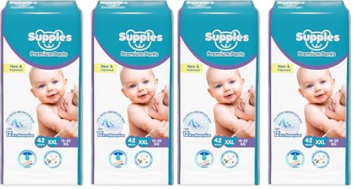 Image of Amazon Brand - Supples Premium Baby Diaper Pants | 84 Baby Diapers | XXL | 15-25 Kg | 42 x 4 Packs | 12 Hrs Absorption | Cushiony Cotton Soft Fabric | Phthalates-Free | Triple Leak Guard