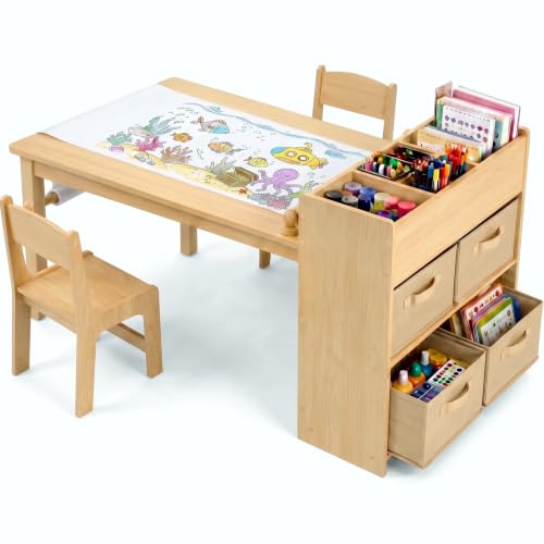 Kids Art Table & 2 Chairs Set, Wooden Activity Craft Desk w...