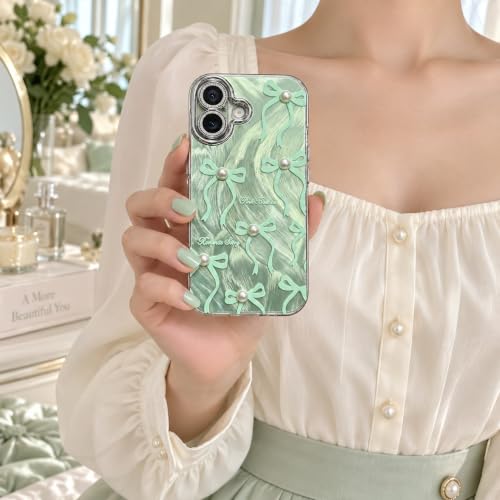 Image of VONZEE Compatible with iPhone 17 Case Luxury Pink Girly Cute 3D Bow Pearl Glitter Bling Case with Full Camera Protection Shockproof PC+TPU Glossy Shiny Cover for Girls Women, Green