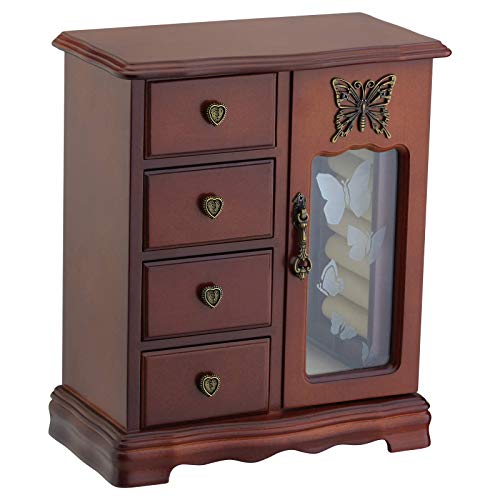 RR ROUND RICH DESIGN Solid Wood Jewelry Box for Women - Vintage Butterfly Glass Door Jewelry Armoire with Mirror 4 Drawers & Rotating Necklace Carousel Brown