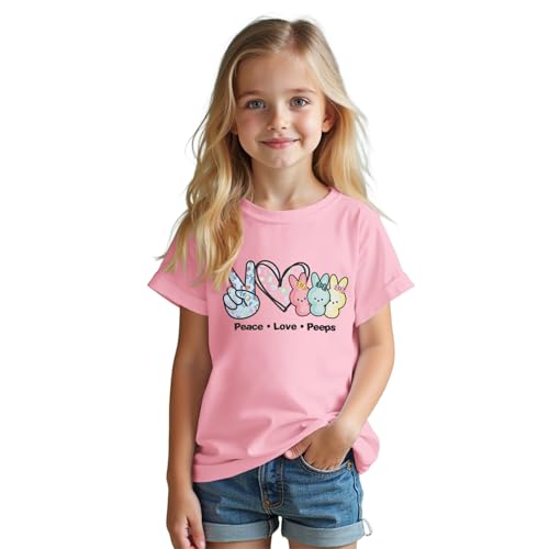 SOFEON Kids Girls Easter Shirt Bunny Peace Love Peeps T-Shirt Cute Funny Rabbit Graphic Tees Short Sleeve Casual Tops