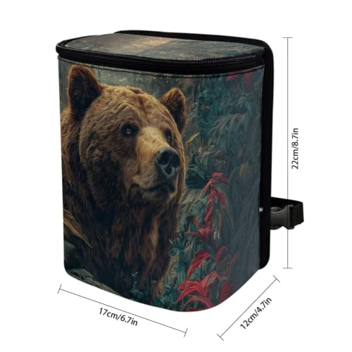 Image of Talayituse Forest Bear Print Car Trash Can Portable Auto Garbage Bin Multifunctional Vehicle Interior Accessories with Adjustable Straps Universal Fit Truck SUV Sedan