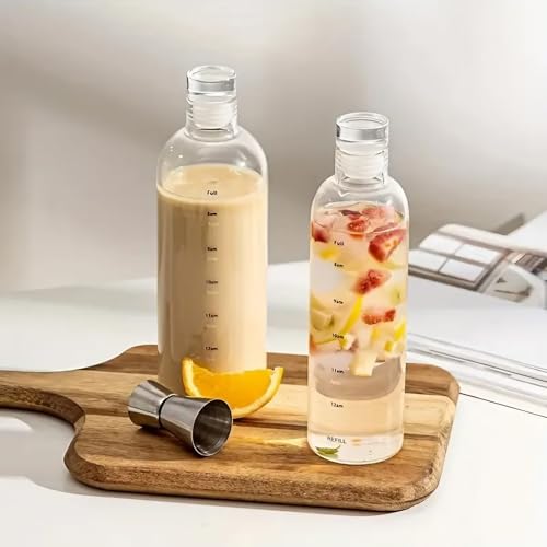 Image of Glass Water Bottle with Time Marker - 1000ML Leakproof Reusable Bottle - BPA-Free Transparent Bottle with Colored Lids - Drinking Bottles Water, Milk, Juices, Beverages (Transparent 1000ML)