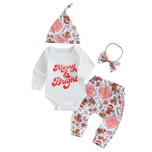 Image of FIOMVA My First Christmas Outfits 0 3 6 9 12 18Months Baby Girl Boy Long Sleeve Romper Onesie+Pants+Hat Fall Winter Clothes (Christmas White Merry&Bright, 0-3 Months)