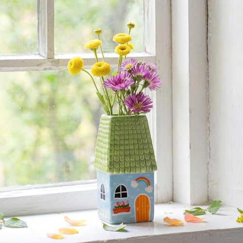 Remerry Ceramic House Shape Vase 2.4 x 3.8 Inch Mini Handmade Vase Decorative Small Flower Container for Living Room Bedroom Farmhouse Home Table Decor Cute Birthday Gift(Green)
