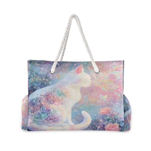 Large Beach Bags Totes Canvas Tote Shoulder Bag Butterfly Dream Cat Water Resistant Bags for Gym Travel Daily2