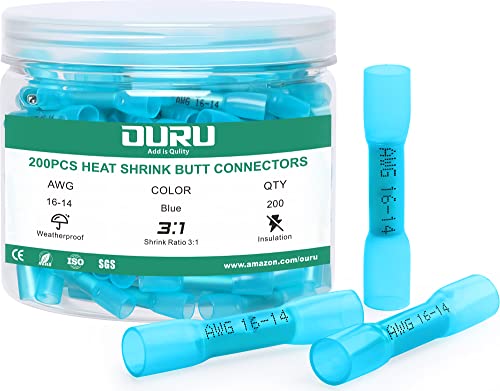 OURU 200PCS Blue Heat Shrink Butt Wire Connectors Kit 16-14 AWG,Waterproof Insulated Tinned Copper Crimp Butt Splice Terminals,Electrical Connectors for Automotive,Marine,Boat,Stereo