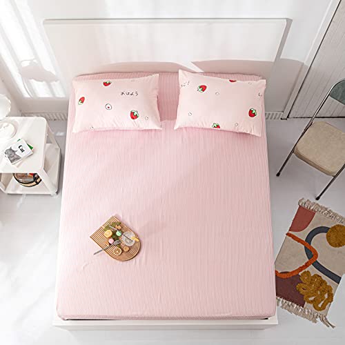 Aojim Pure Cotton Printing Pinstripe Fitted Sheet, 1 Piece Twin Size 39"X75"With 15" Deep Pocket Design Patterns Pink/White Stripes Striola Mattress Cover For Kids/Adults #TOP1