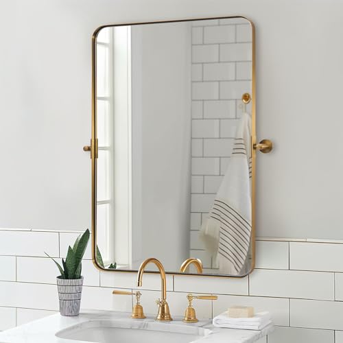 Image of MOON MIRROR 24" x 36" Brushed Gold Metal Framed Pivot Rectangle Bathroom Mirror for Wall, Tilting Rounded Corner Rectangular Vanity Mirror Hangs Vertical Only