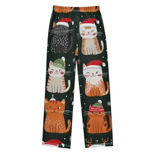 Cat with Xmas Hat Boys Long Pants Soft Trousers Elastic Waist Kids Lounge Bottoms with Pockets S-XL