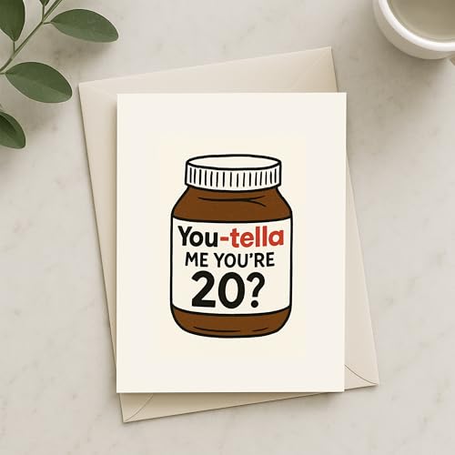 Divertida tarjeta de cumpleaños número 20 con diseño de chocolate 'You-tella Me You're 20'