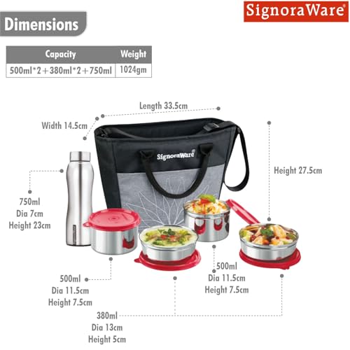 Image of SignoraWare Office Stainless Steel Lunch Box with Bottle | Airtight & Leakproof | Durable | Perfect for Office, School & Outdoor Use (500mlx2 + 380mlx2 + 750ml | Set of 5 | Red)