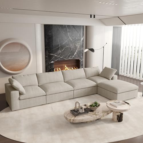 Cloud Couch Modular Sectional Sofa,160.6" Down Filled Couch with Storage Ottoman,4 Seater +1 Ottoman, Convertible Sectional Sofa for Living Room,Covers Removable & Washable, Khaki