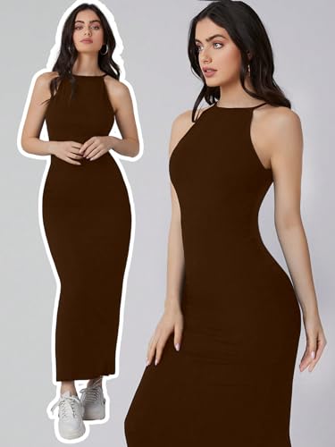 Image of Aahwan Pink Solid Halter Neck Solid Bodycon Midi Dress for Women's & Girl's